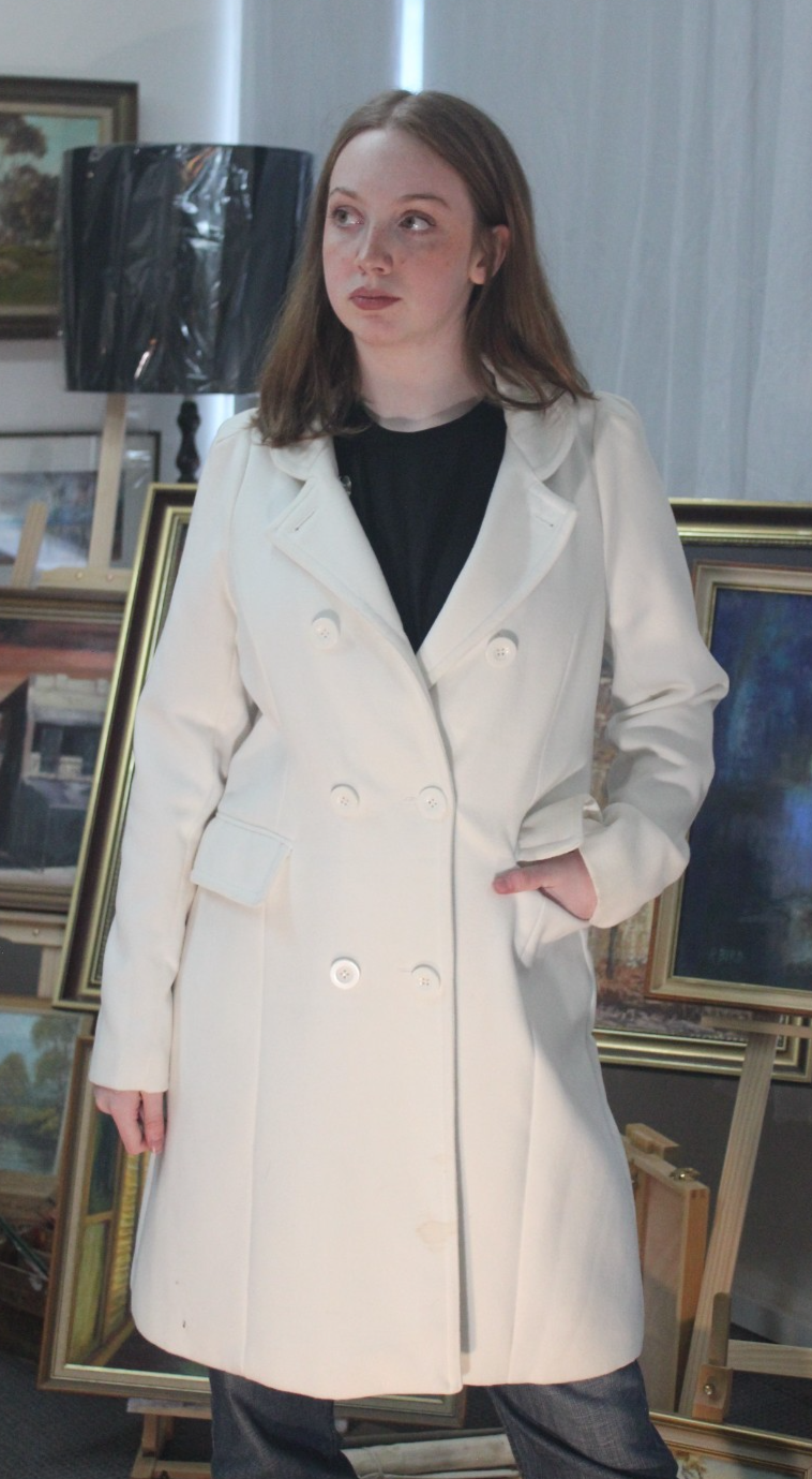 Ladies White Double Breasted Long Coat Lifestyle Wear Size 12 Tailored Jacket