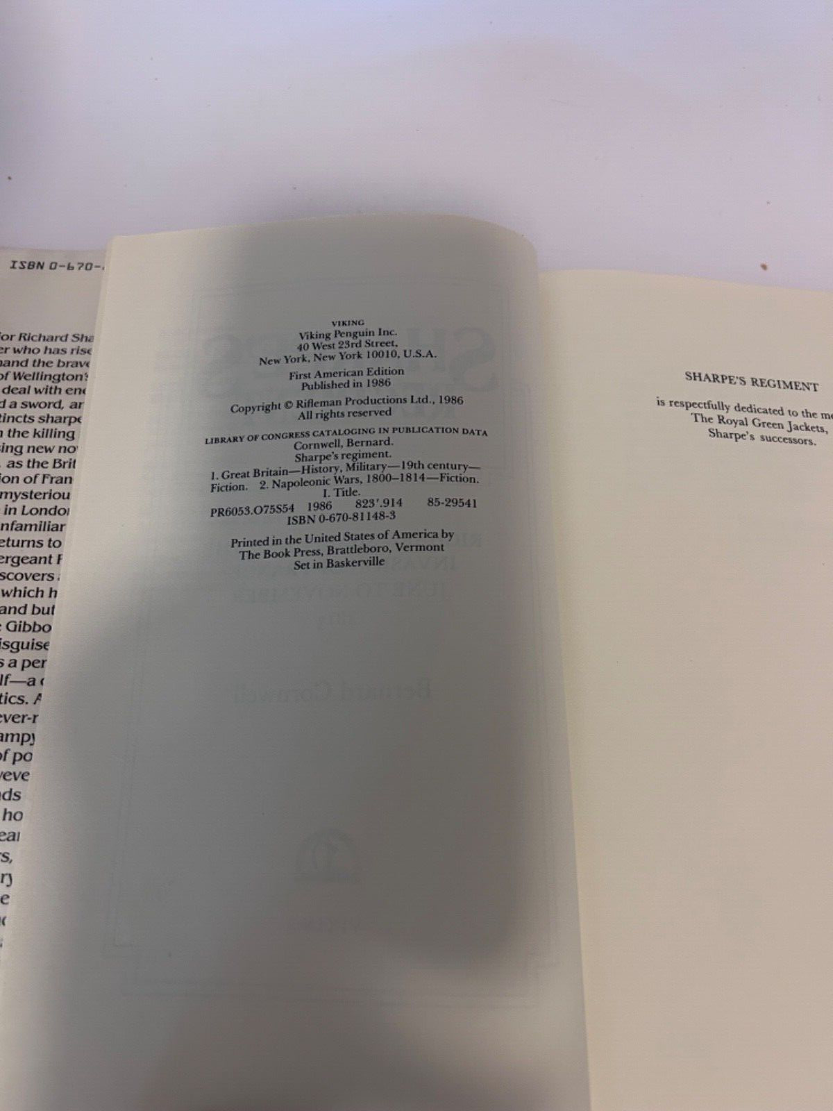 Sharpe's Regiment by Bernard Cornwell First US Edition 1986