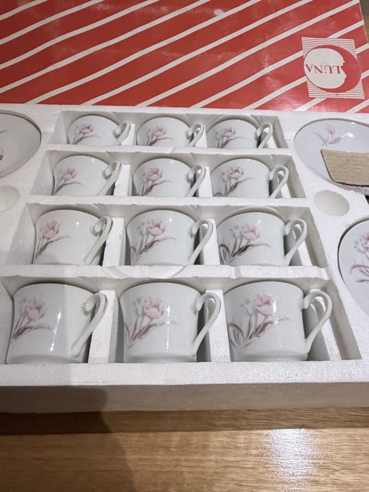 Luna Regent China Espresso Set Service 12 Pink Floral Boxed Demitasse