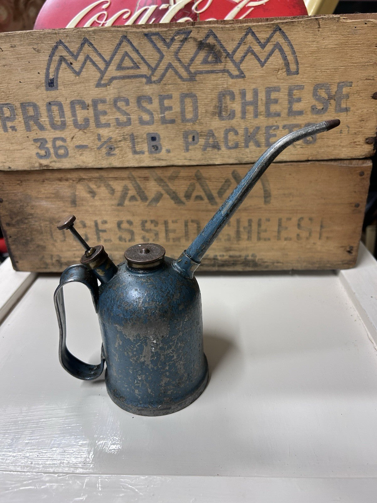 Vintage Rega Blue Oil Can Oiler Tin Industrial Garage Tool – Made in Australia