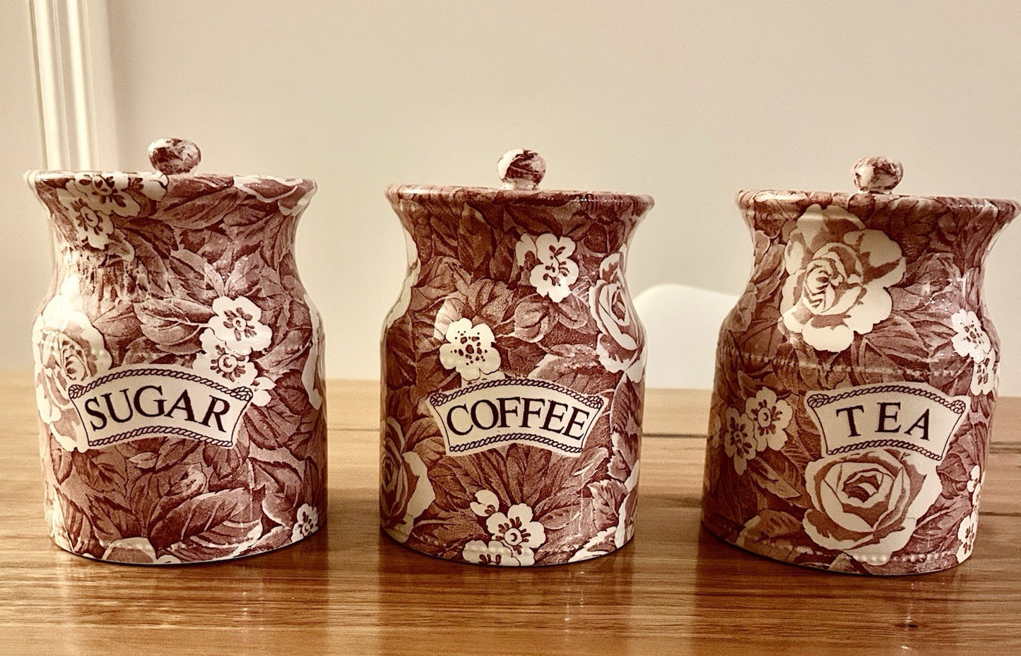 Vintage Burleigh Victoria China Tea Coffee Sugar Canisters Red Floral Set