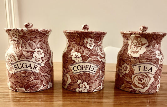 Vintage Burleigh Victoria China Tea Coffee Sugar Canisters Red Floral Set