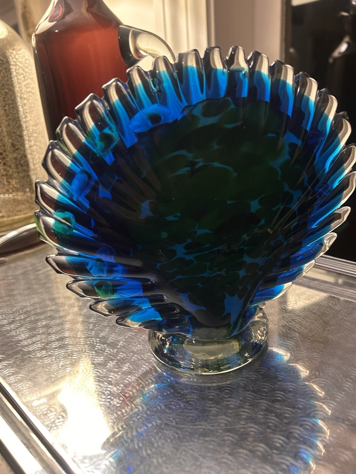 Italian Art Glass Peacock Figurine Millefiori Blue Heavy Studio Glass 