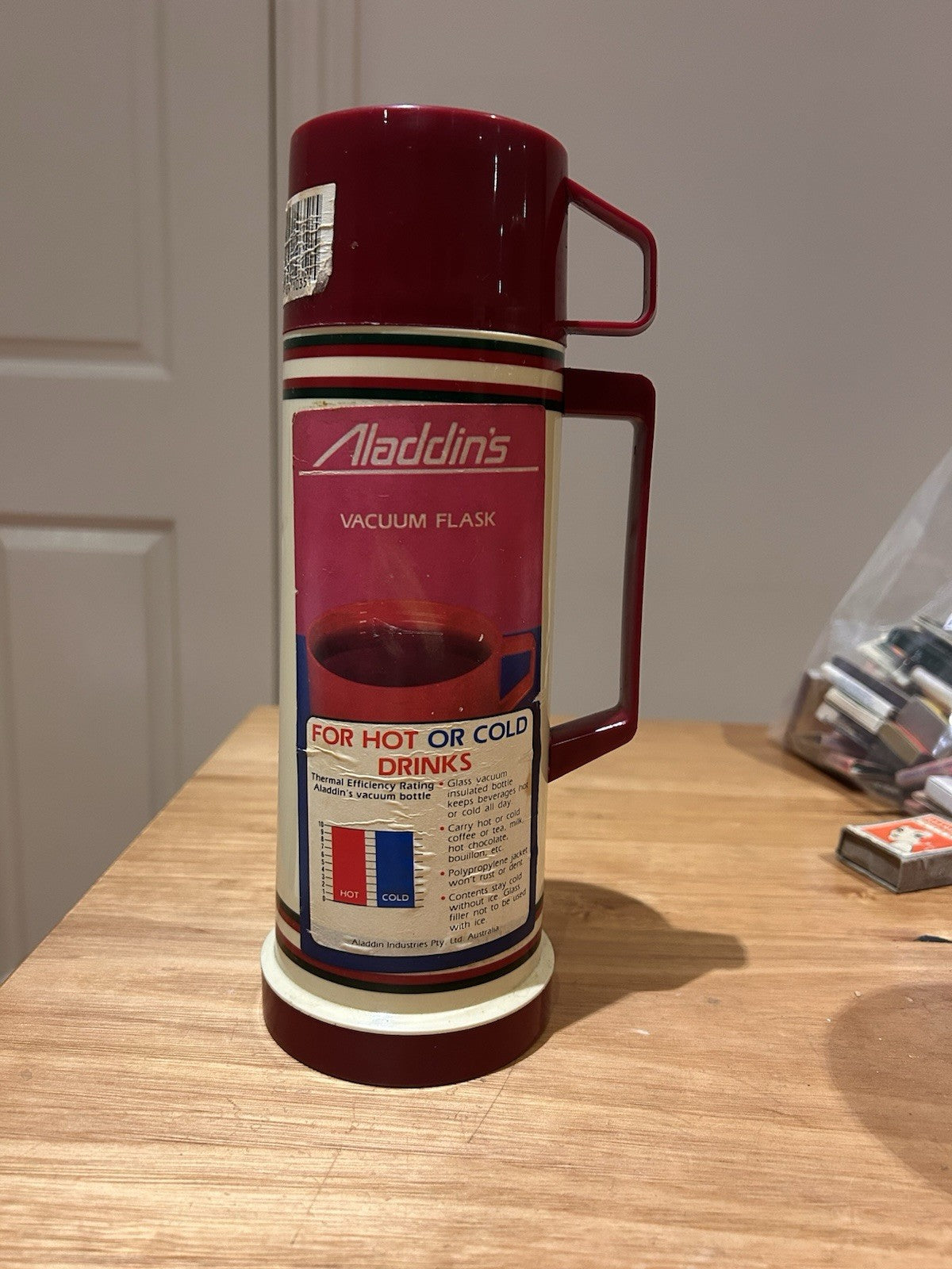 Vintage Aladdin’s Vacuum Flask Burgundy Cream Thermos Made in Brazil 1980s