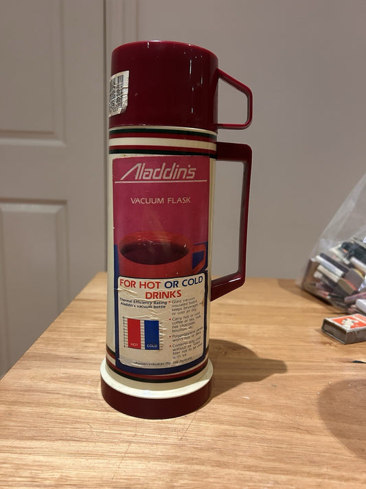 Vintage Aladdin’s Vacuum Flask Burgundy Cream Thermos Made in Brazil 1980s