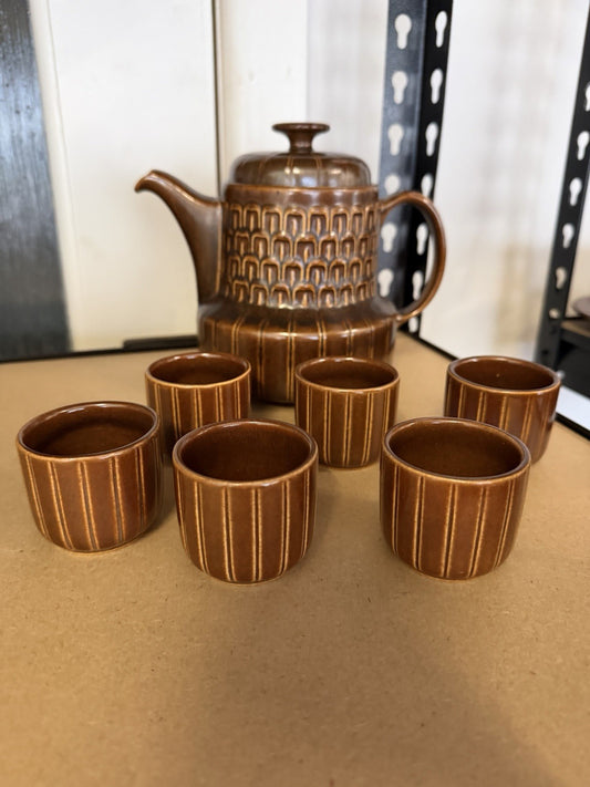 Wedgwood Pennine Espresso Set Pot & 6 Cups Brown Stoneware England c1970s