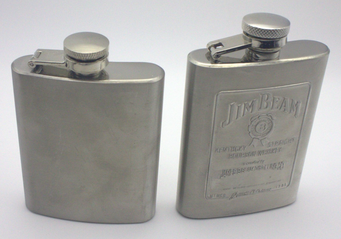 Jim Beam Stainless Steel Hip Flasks – Branded & Plain (Pair)