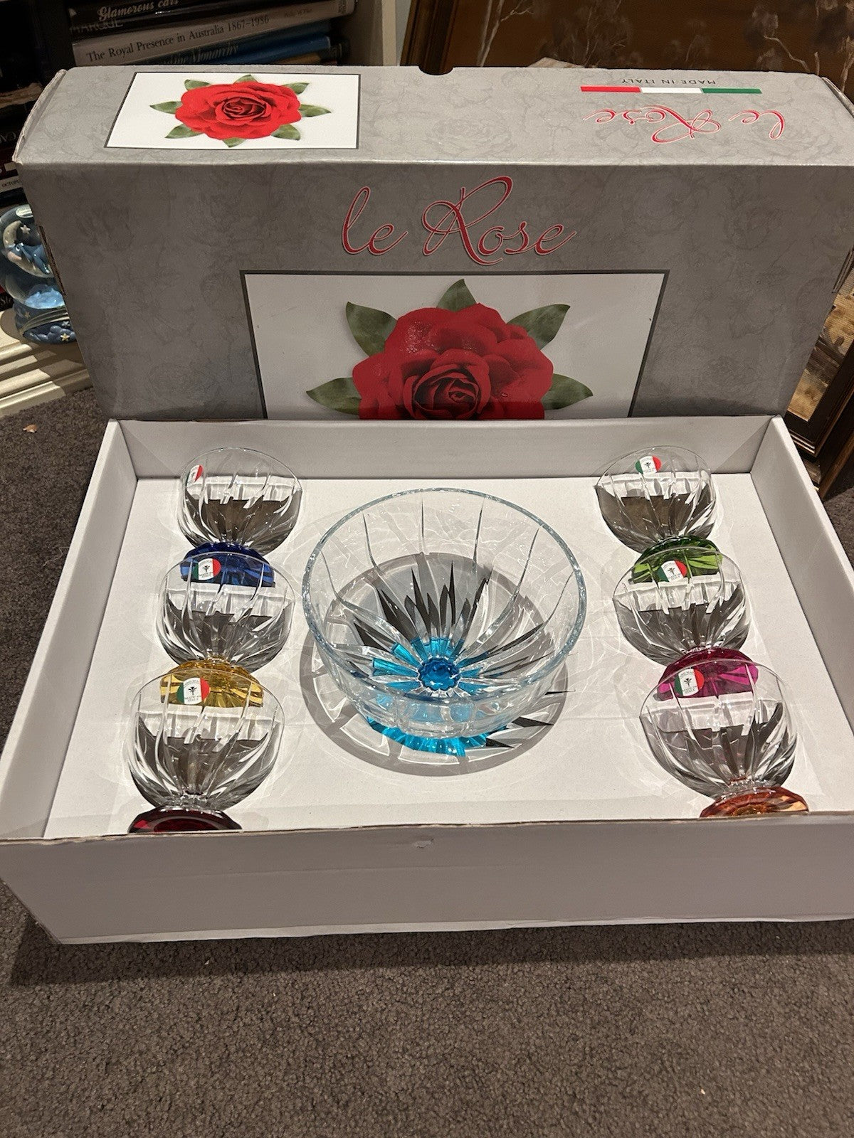 Le Rose Handmade Italian Crystal Dessert Set 7pc Macedonia Trix Boxed 