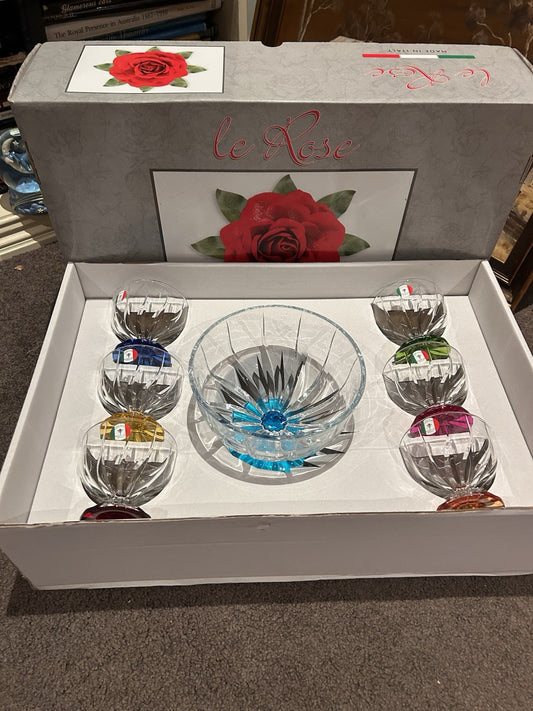 Le Rose Handmade Italian Crystal Dessert Set 7pc Macedonia Trix Boxed 