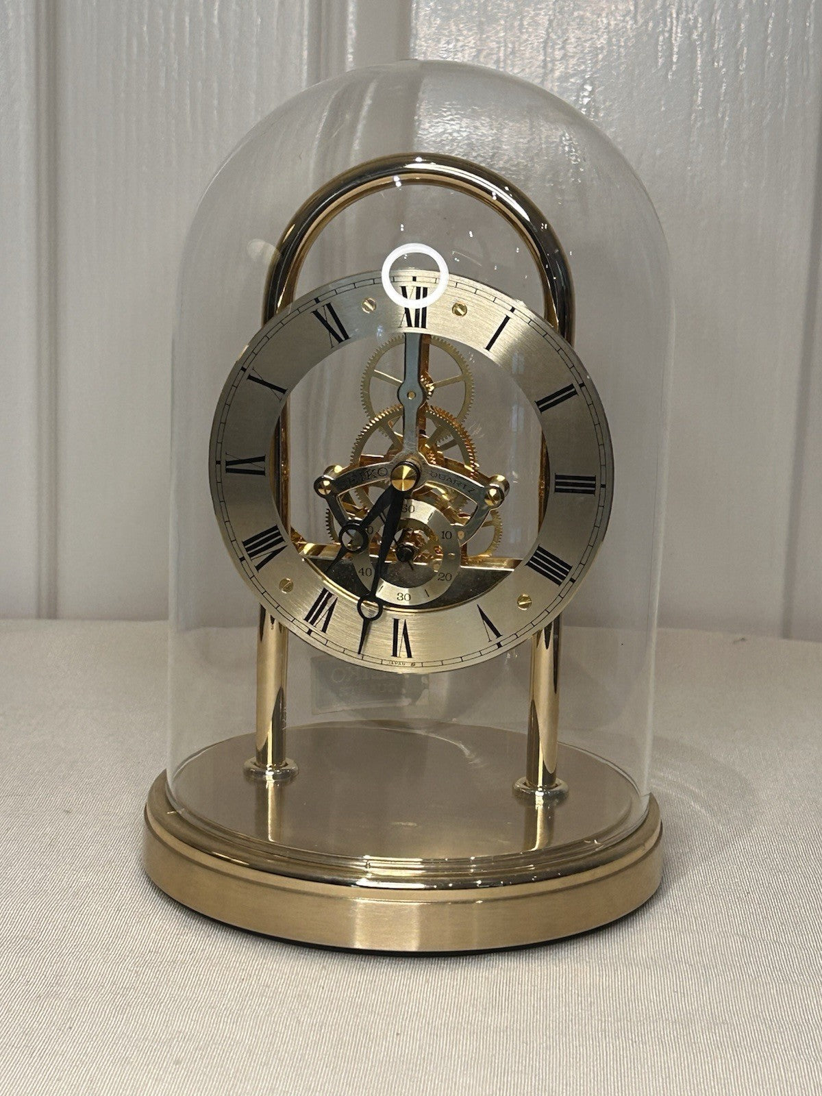 Seiko Quartz Skeleton Mantel Clock QAW101G Brass & Glass Dome Japan Vintage