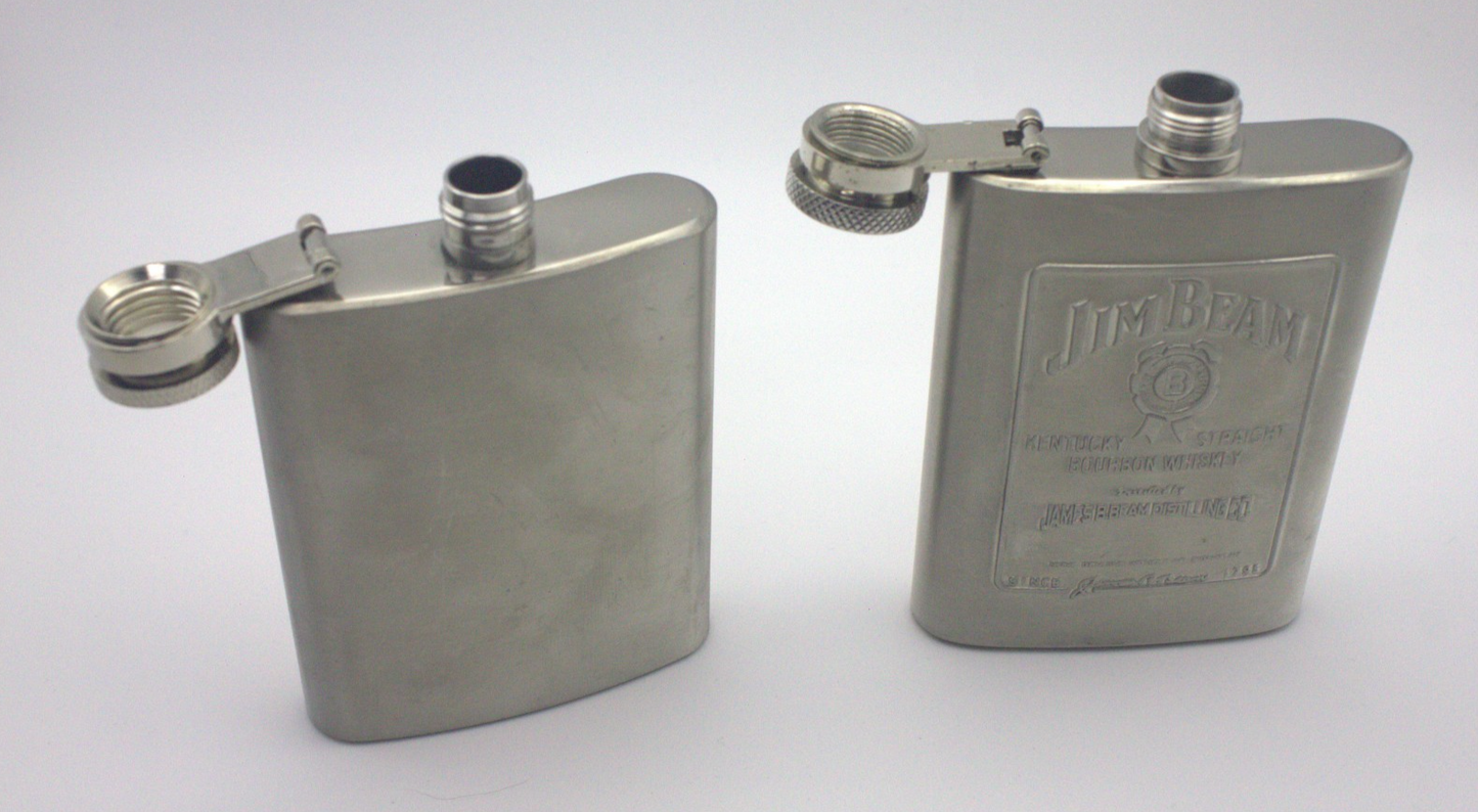 Jim Beam Stainless Steel Hip Flasks – Branded & Plain (Pair)