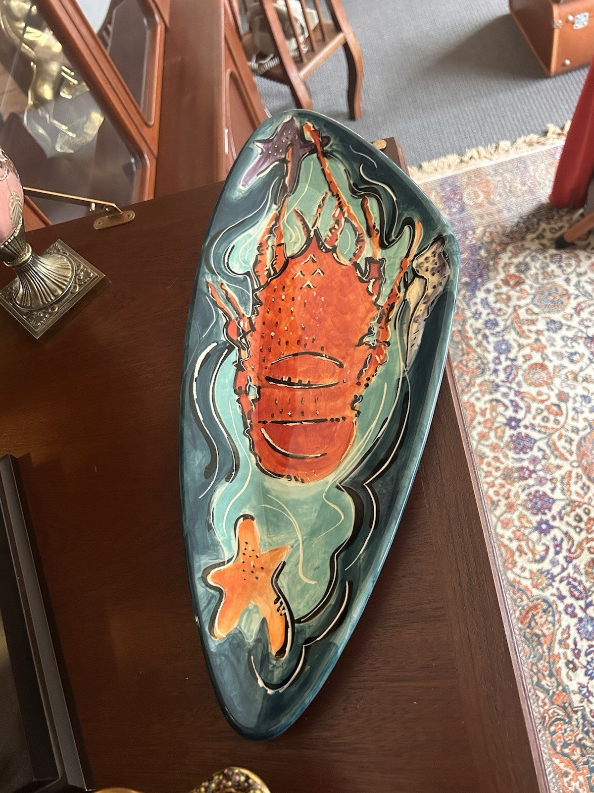 Signed Australian Studio Pottery Lobster Dish 50cm Hand Painted 