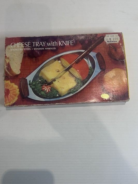 Vintage Cheese Tray & Knife Set Boxed Stainless Steel Wooden Handles Retro