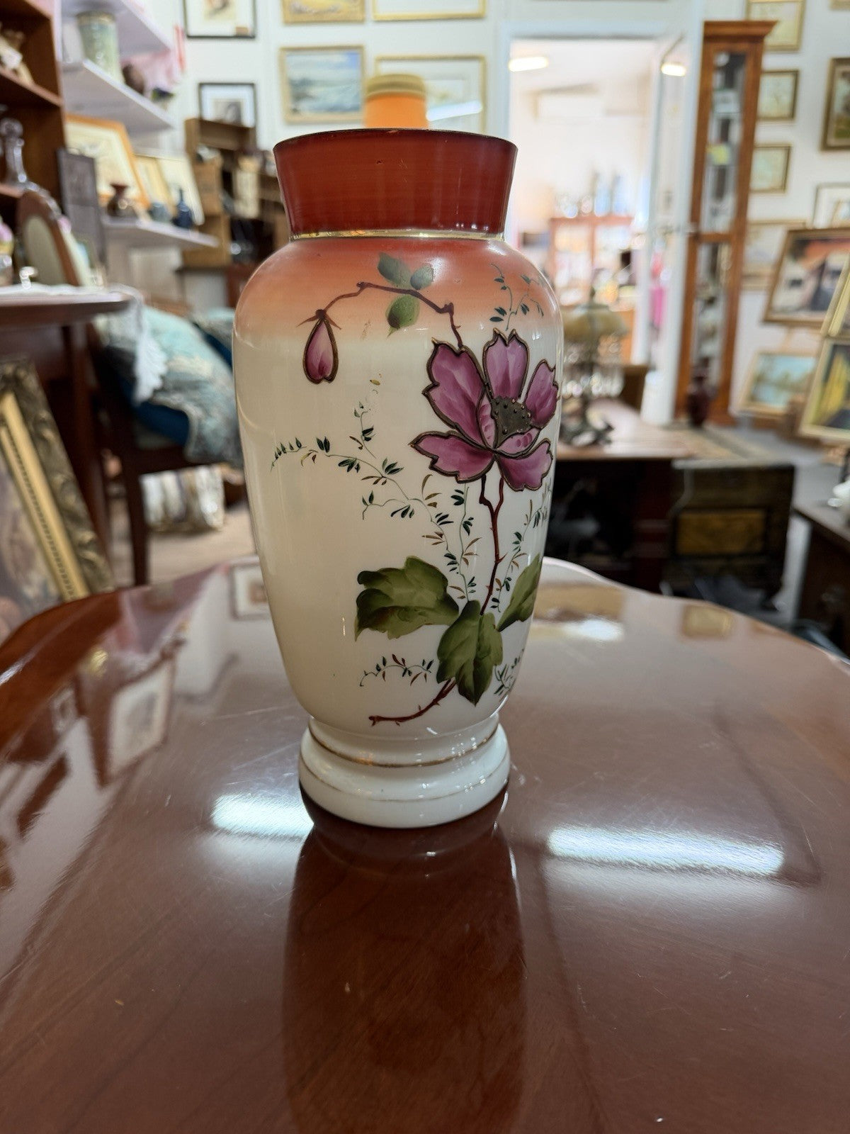 Antique Hand Painted Satin Glass Vase Cranberry Rim Floral Art Glass 25cm