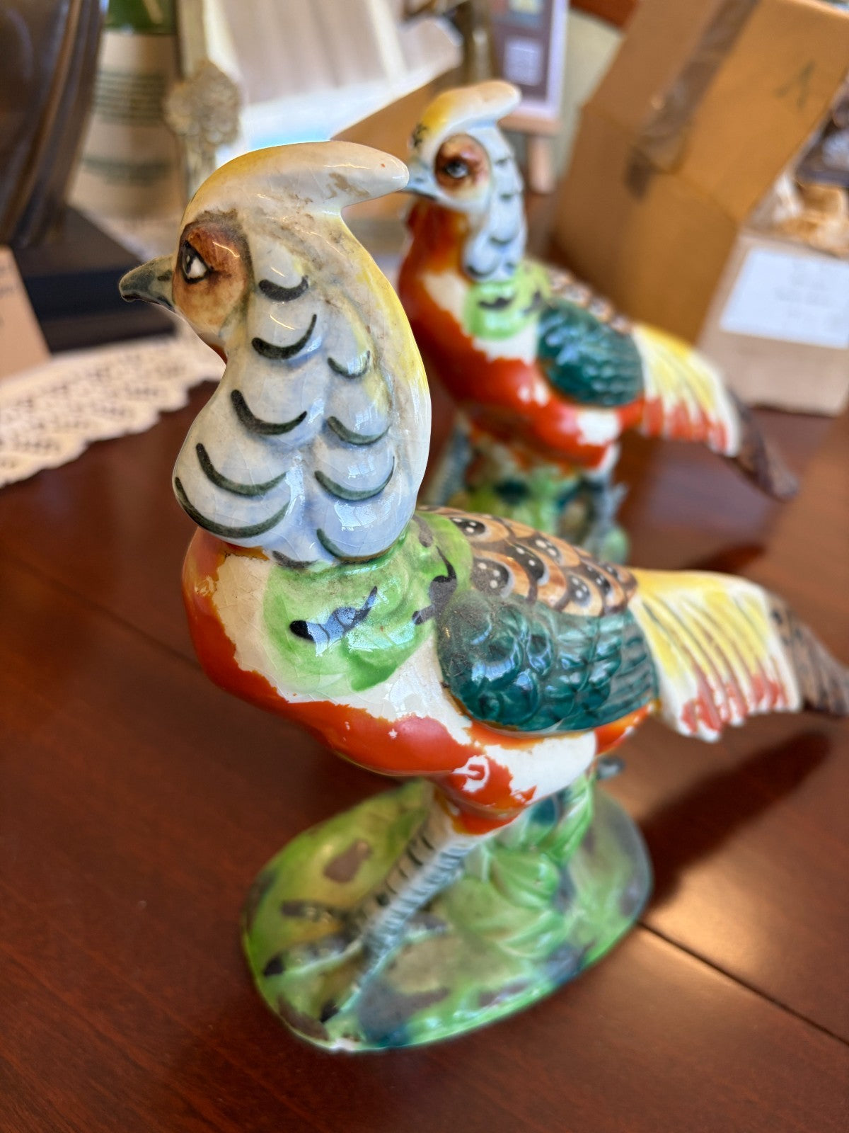Vintage Japanese Ceramic Pheasant Figurines Pair Hand Painted Birds 1950s–70s
