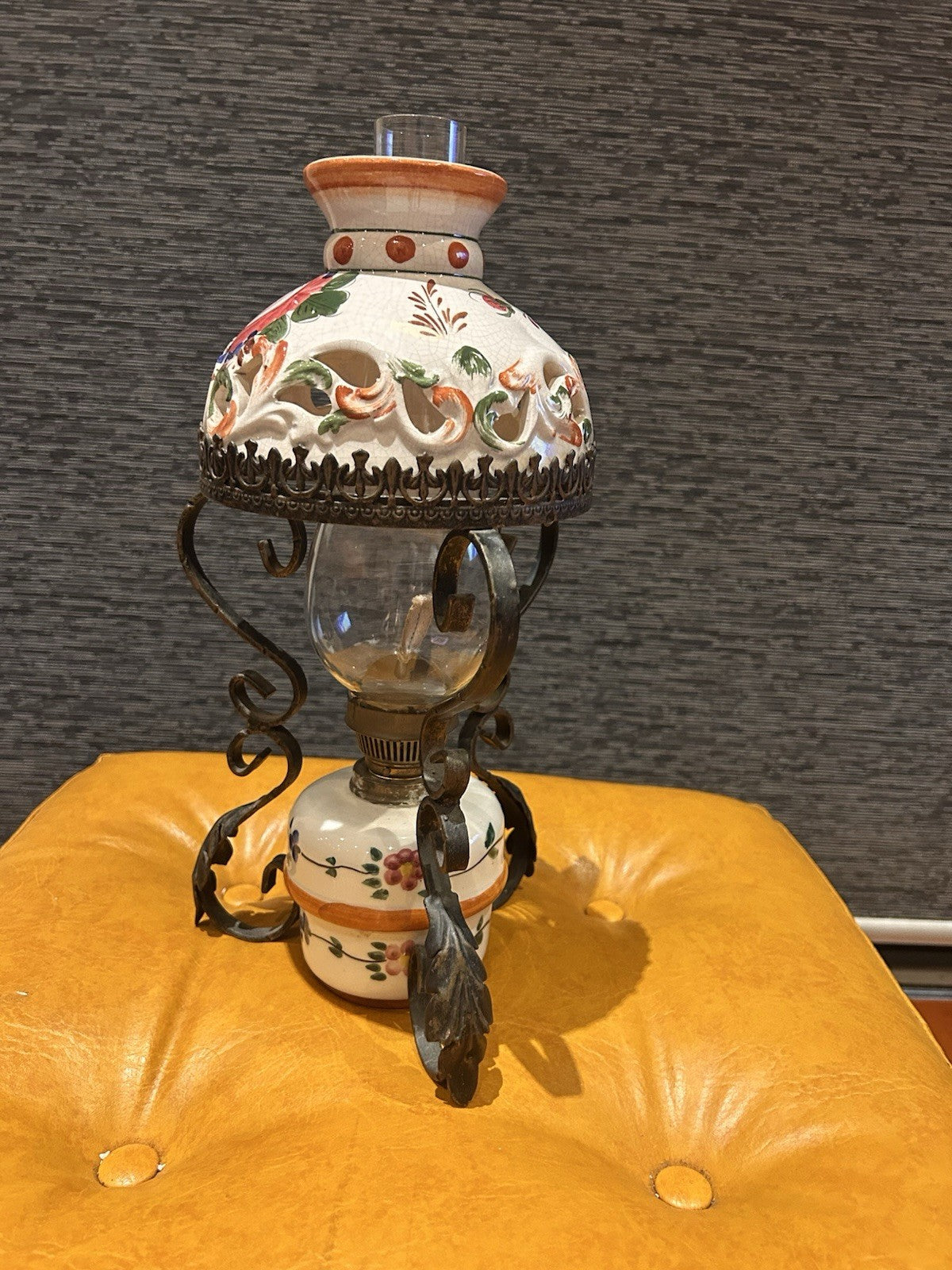 Vintage Italian Style Ceramic & Wrought Iron Oil Lamp – Tuscan Revival 1970s