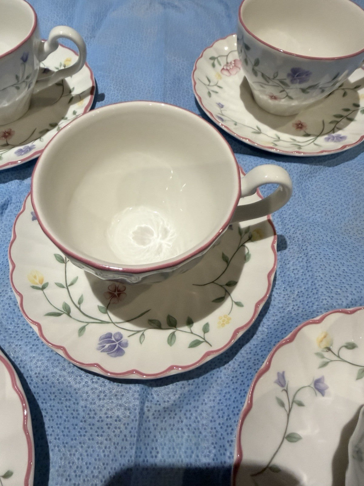 Johnson Brothers Tea Cups Saucers Set 5 Floral Pink Trim England Vintage