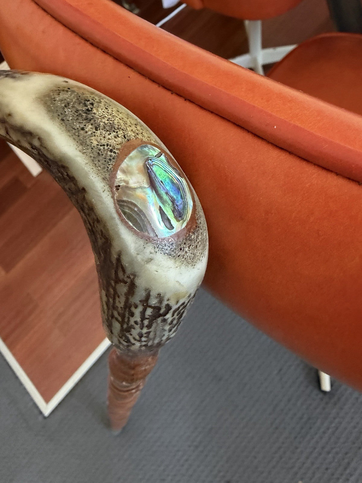 Vintage Antler Handle Walking Stick Cane Abalone Inlay Carved Timber 95cm