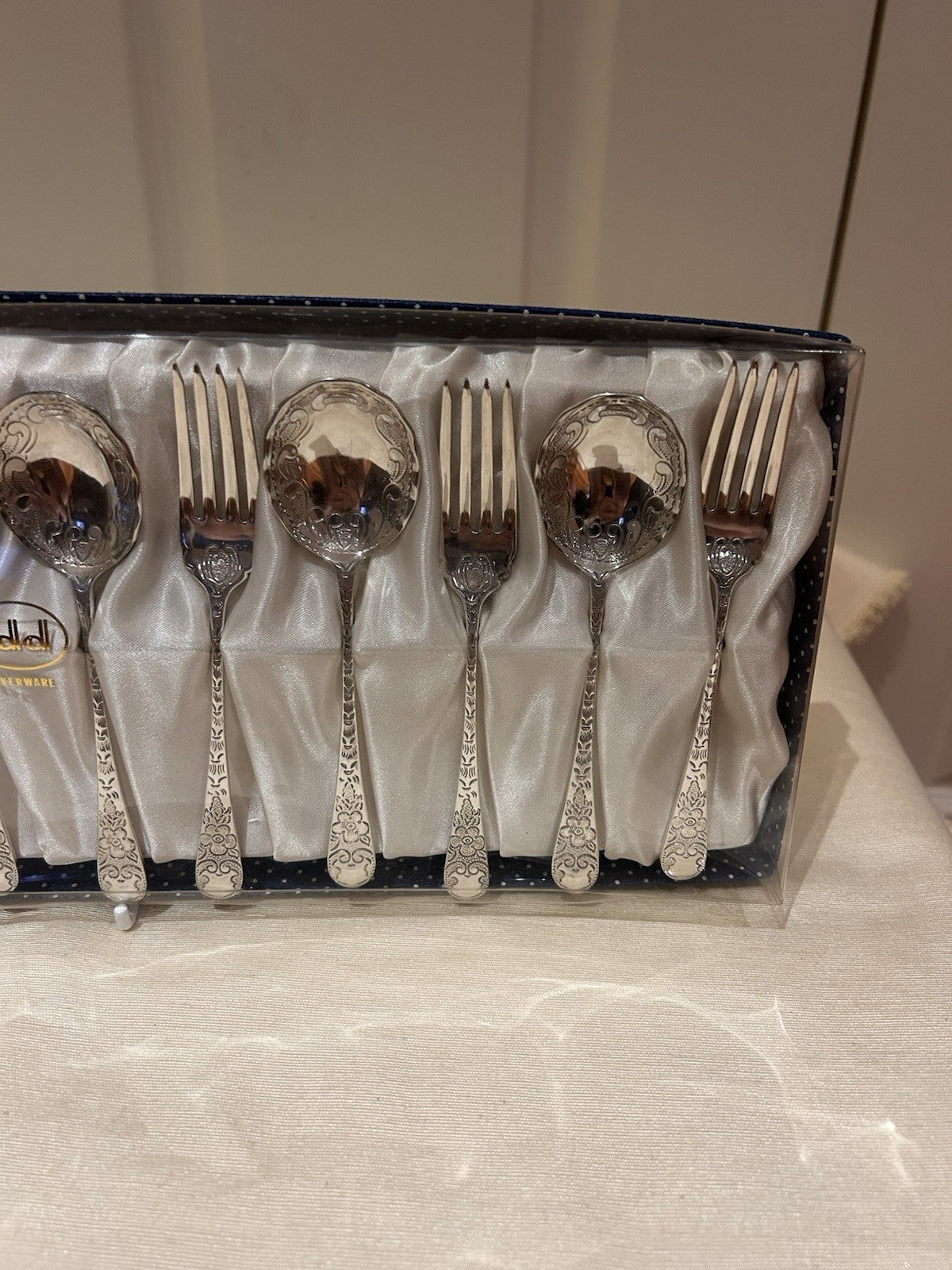 Rodd Silverware Boxed Dessert Set Forks & Spoons Vintage Floral Pattern