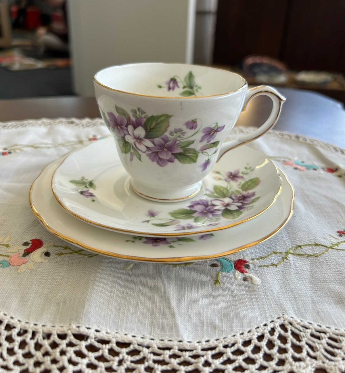 Duchess Tivoli Trio Teacup Saucer & Side Plate Violet Bone China trio, England