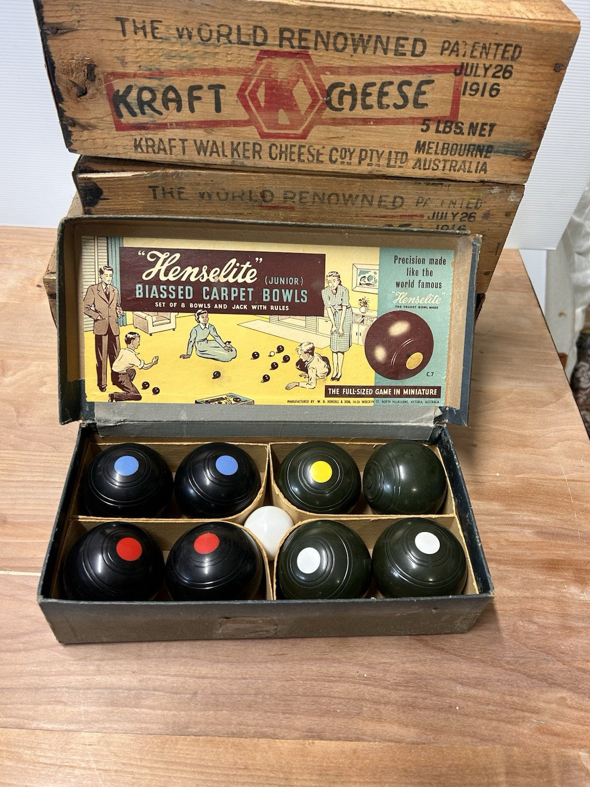Vintage Henselite Junior Biassed Carpet Bowls Set in Box Melbourne Australia