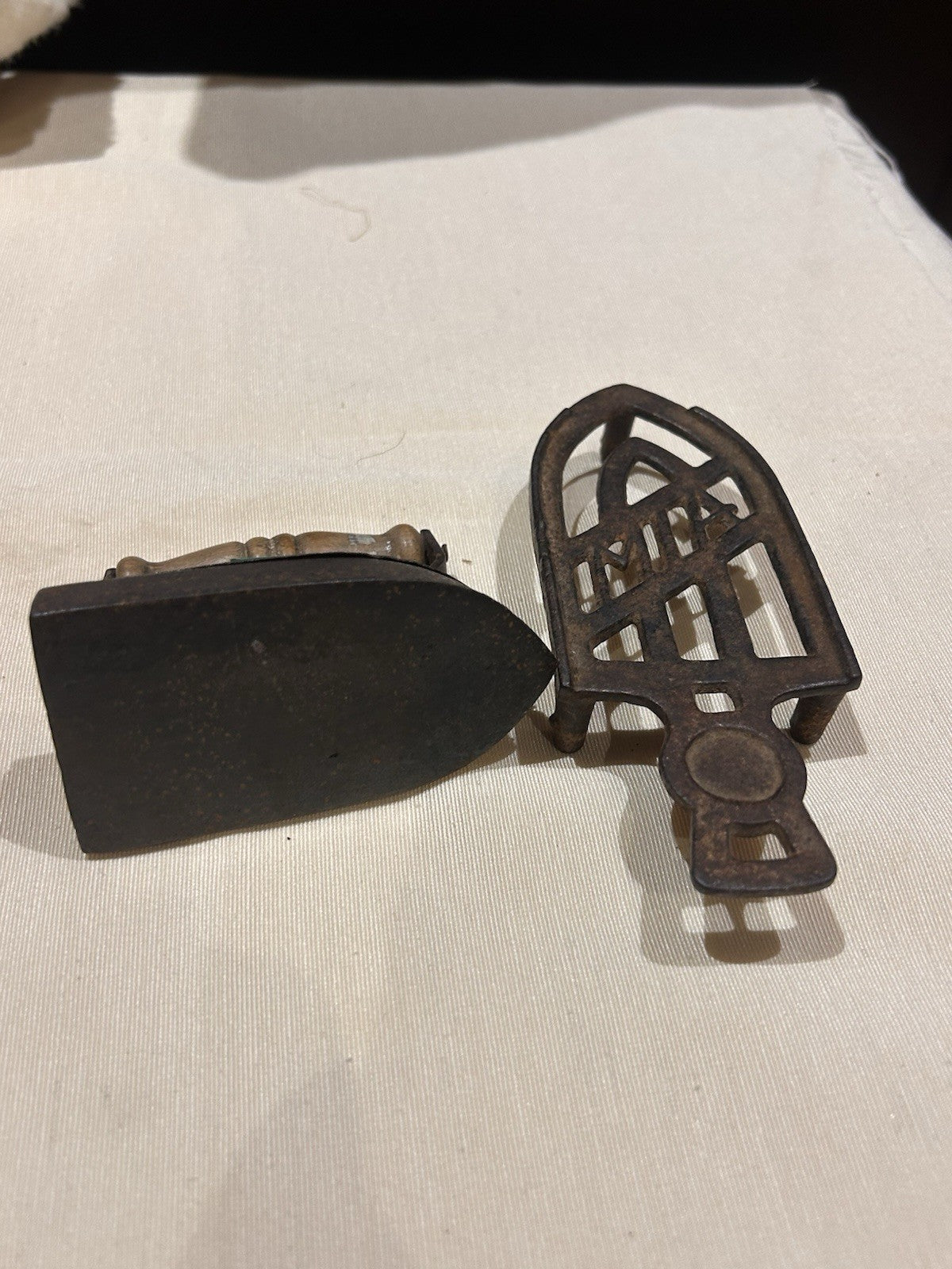 Antique Cast Iron Sad Iron w Stand MA Mark Wooden Handle Not a Toy c1900