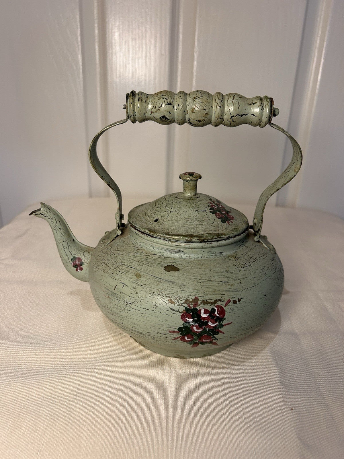 Vintage Hand-Painted Toleware Teapot & Coal Scuttle Set – Green Floral Metal