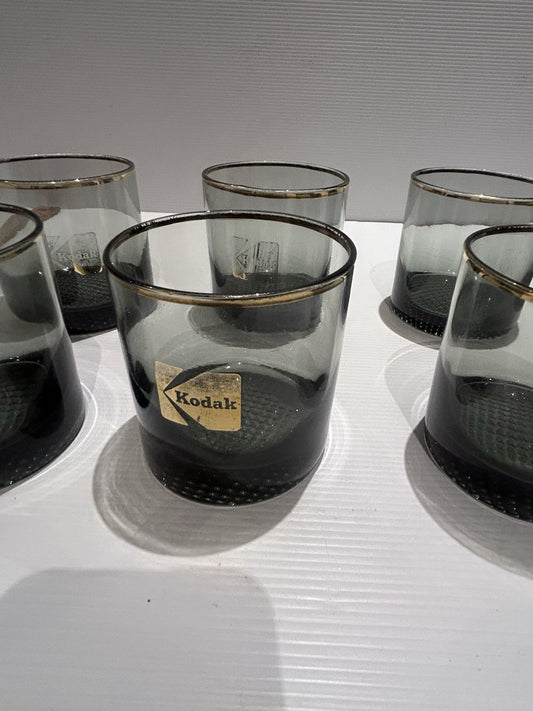 Vintage Kodak Whiskey Glasses x8 Gold Rim Promo Barware Textured Base 1970s