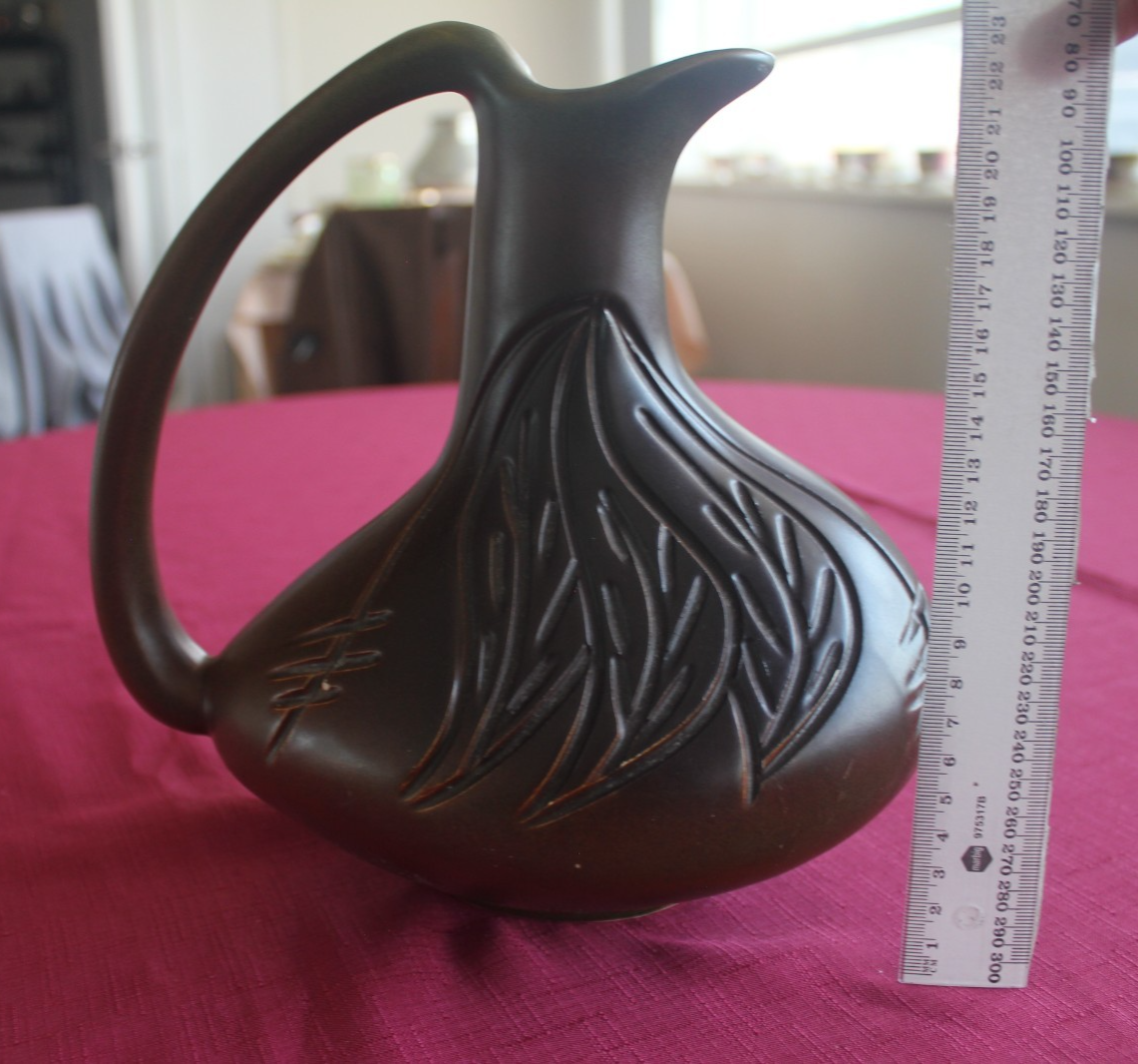 Vintage Studio Pottery Jug – Carved Leaf Motif | Mid-Century Modern