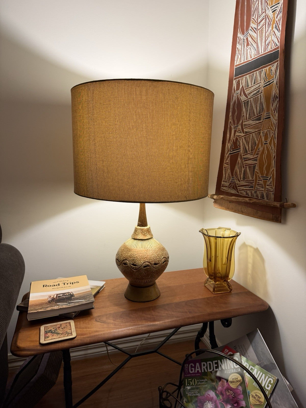 Vintage Mid Century Studio Pottery Table Lamp Ceramic Timber Base Working