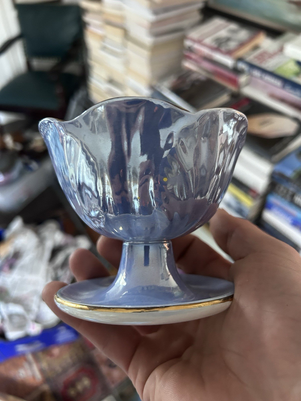 Vintage 1930s Maling Lustreware Pedestal Dishes – Pink & Blue Pair