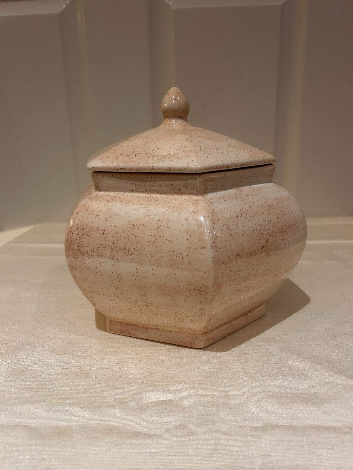 Signed Studio Pottery Lidded Jar Speckled Glaze Hexagonal Form Vintage