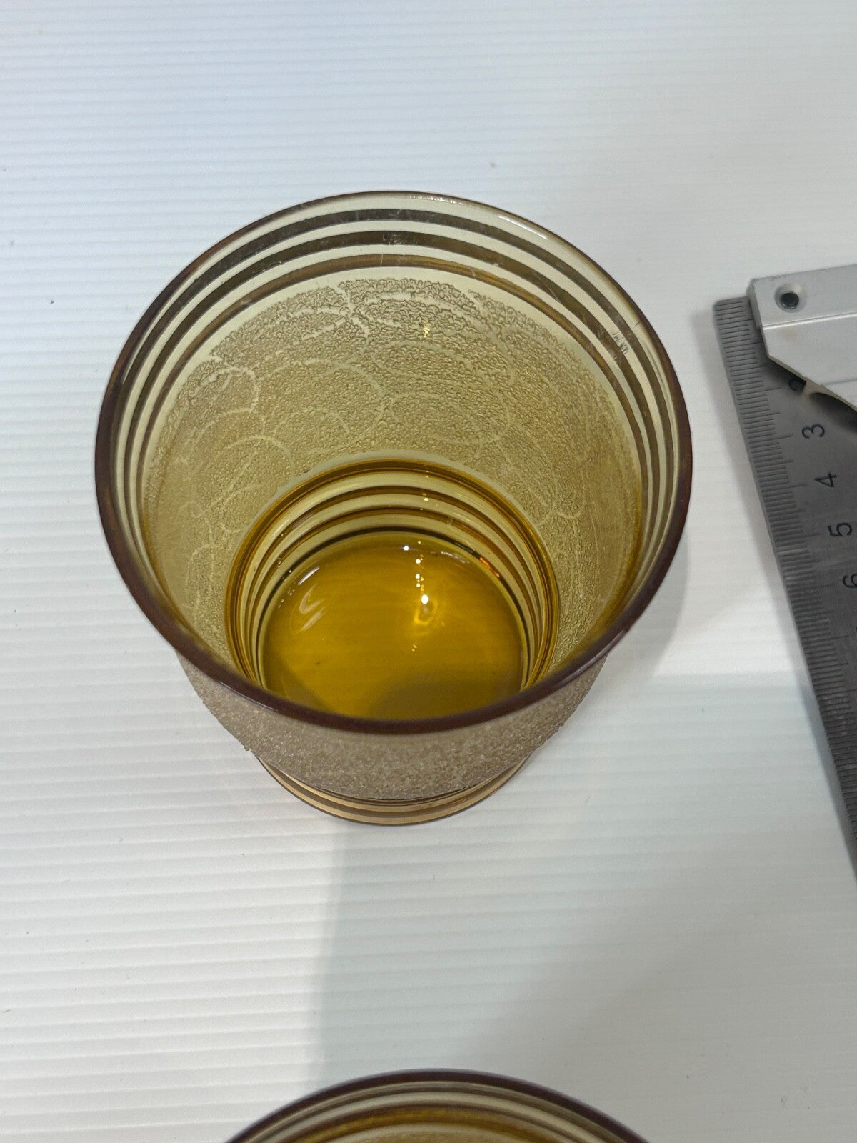 Vintage Amber Glass Lemonade Set – Textured Gold Bands – Jug & 5 Tumblers Retro