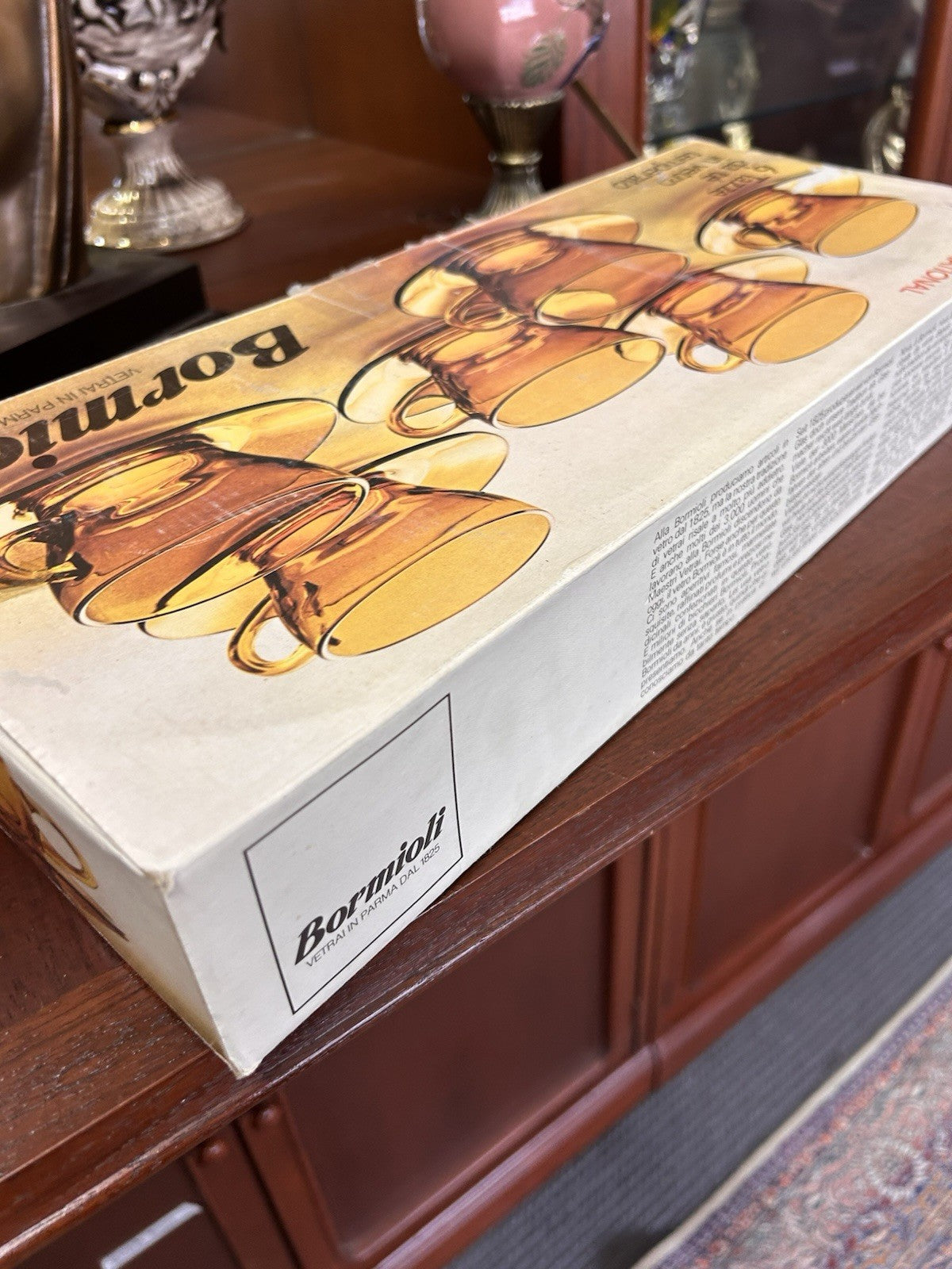 Vintage Bormioli Amber Glass Tea Set 6 Cups & Saucers Boxed Italian