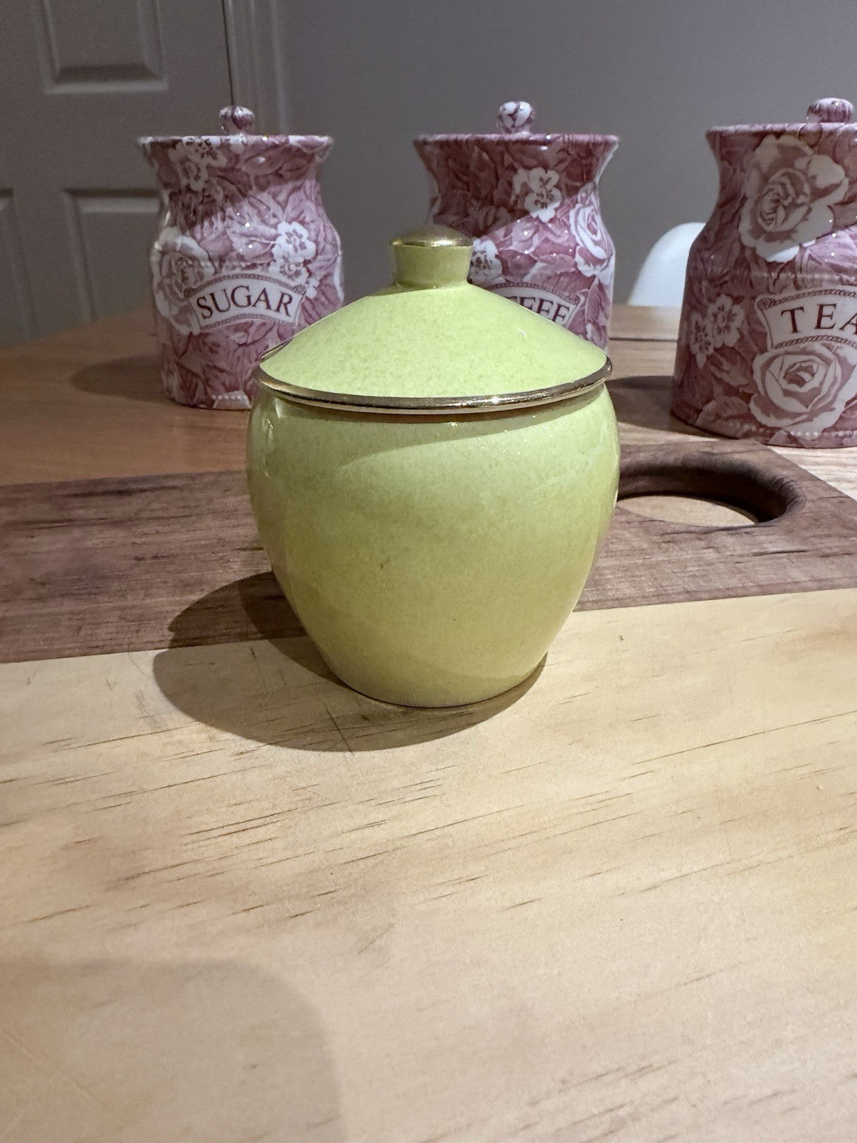 Royal Winton Grimwades Green Sugar Bowl w Lid England Vintage Gold Trim