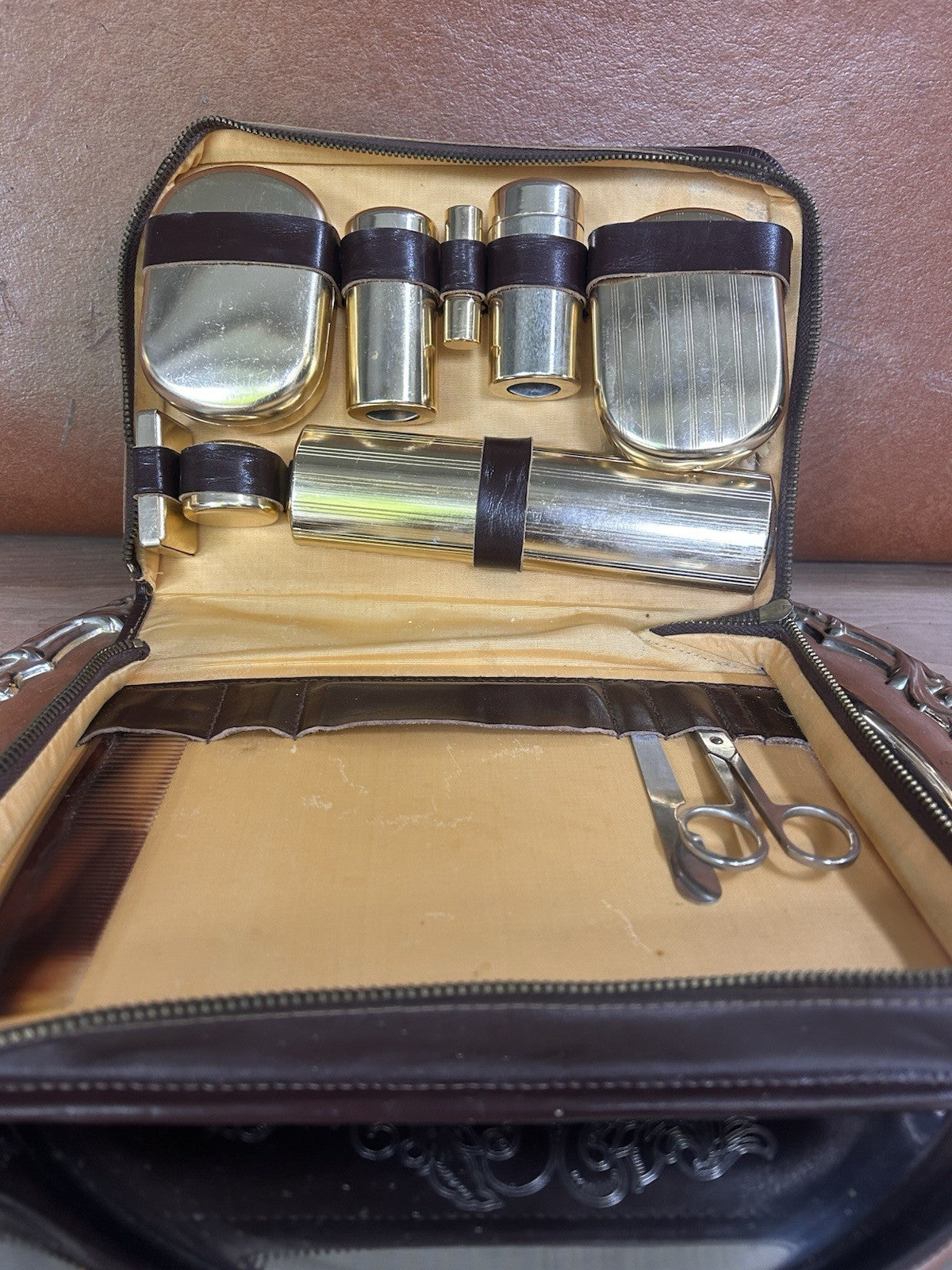 Vintage Gentleman’s Travel Grooming Set 1950s Brown Leather Shaving Kit