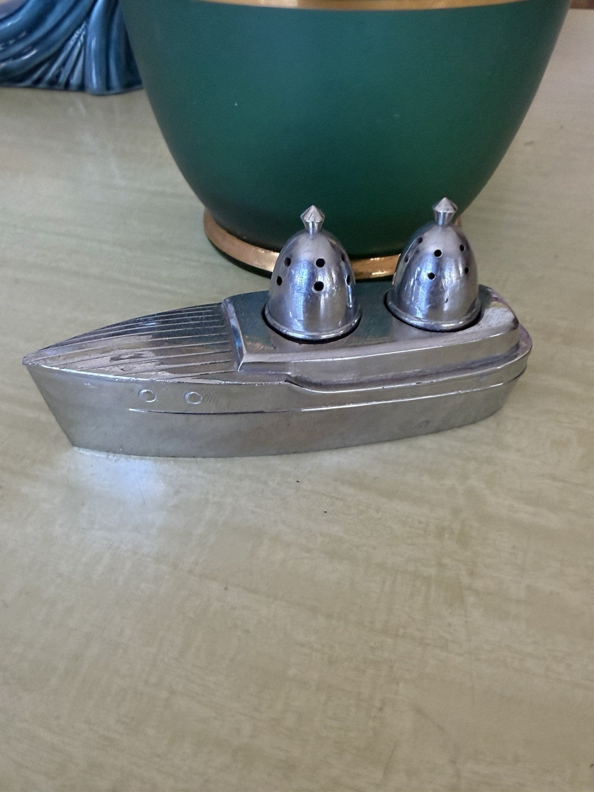 Vintage Art Deco Speedboat Salt Pepper Shakers Glass Chrome Cruet Set