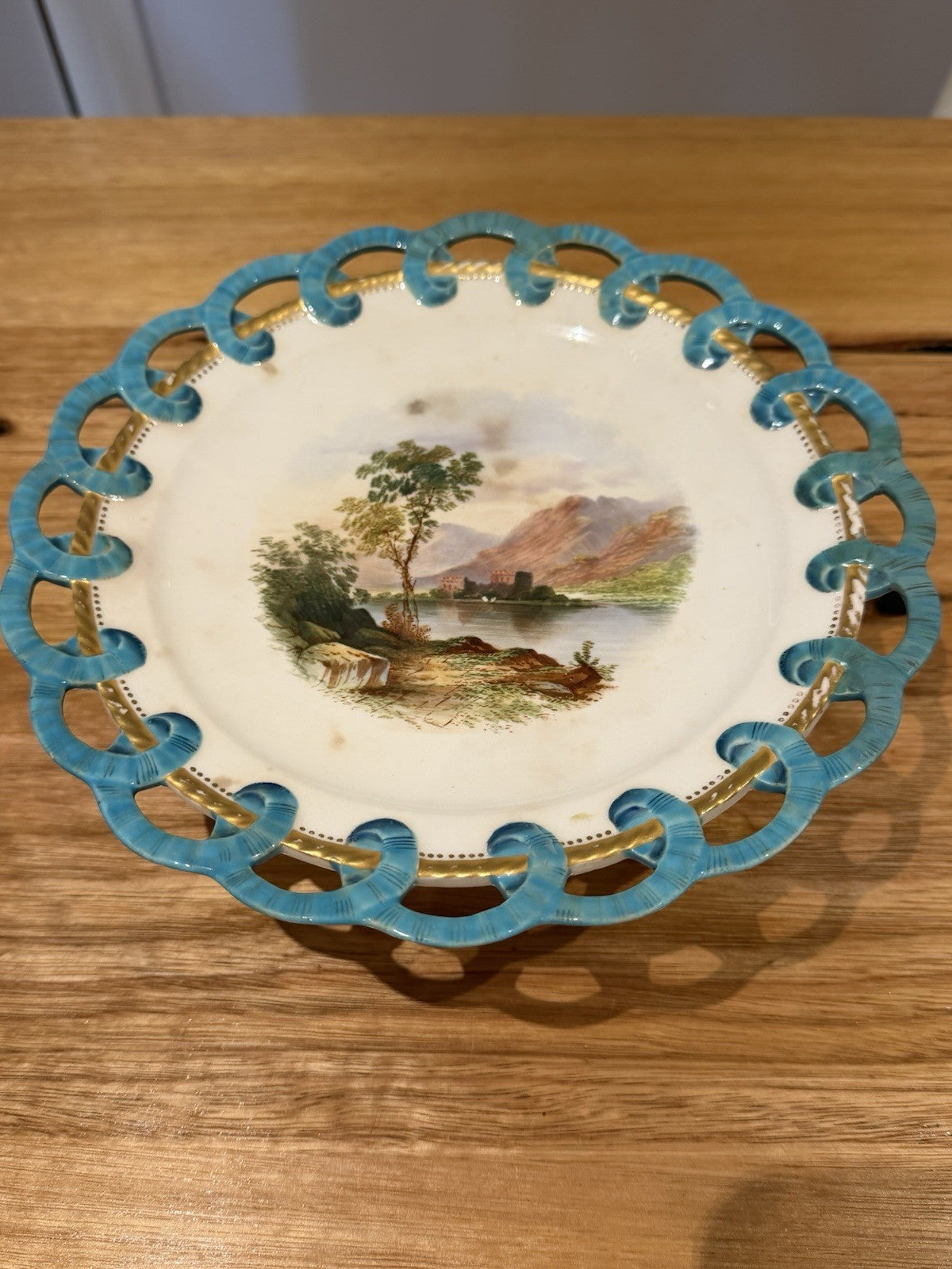 Antique Minton Style Porcelain Tazza Turquoise Pierced Rim Landscape c.1860