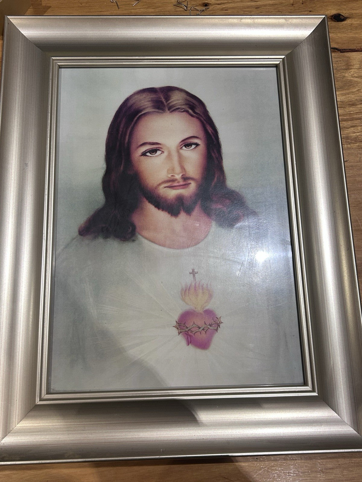 Vintage Sacred Heart of Jesus Framed Print – 1960s Devotional Art 55x43cm