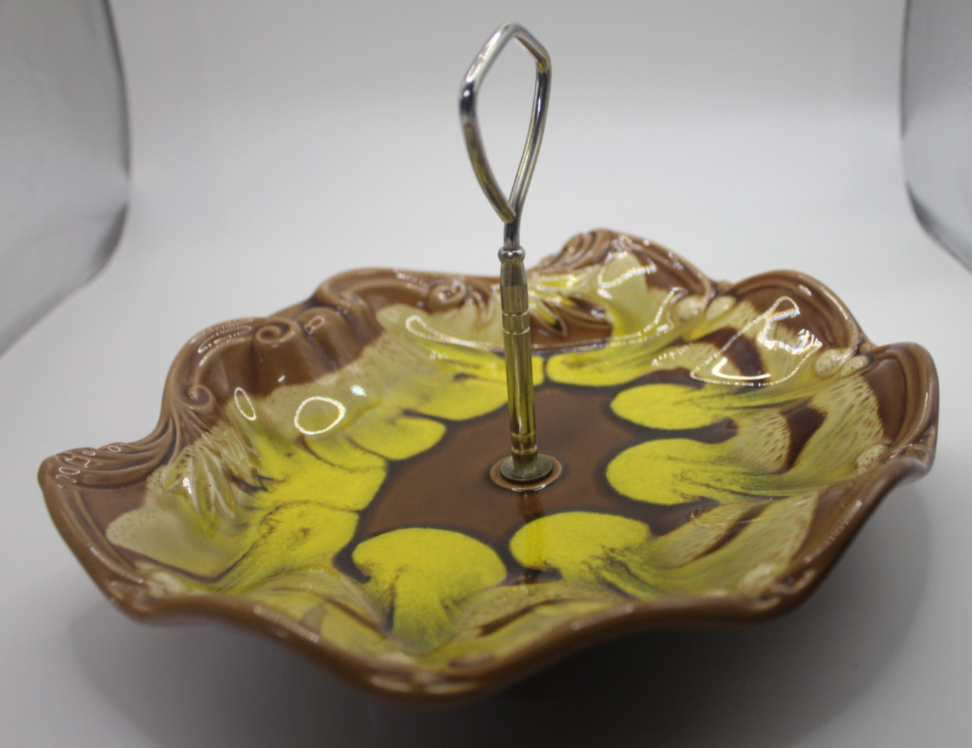 Vintage Mid Century Drip Glaze Bonbon Dish w Metal Handle Brown Yellow MCM