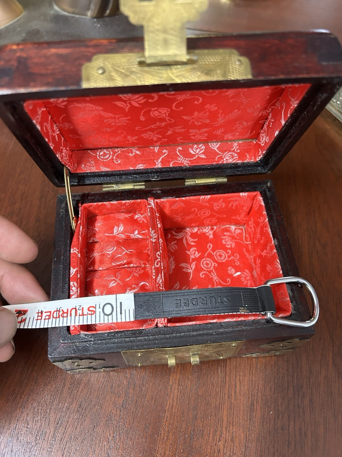Vintage Wooden Jewellery Box Brass Mounts Red Silk Lined Asian Style