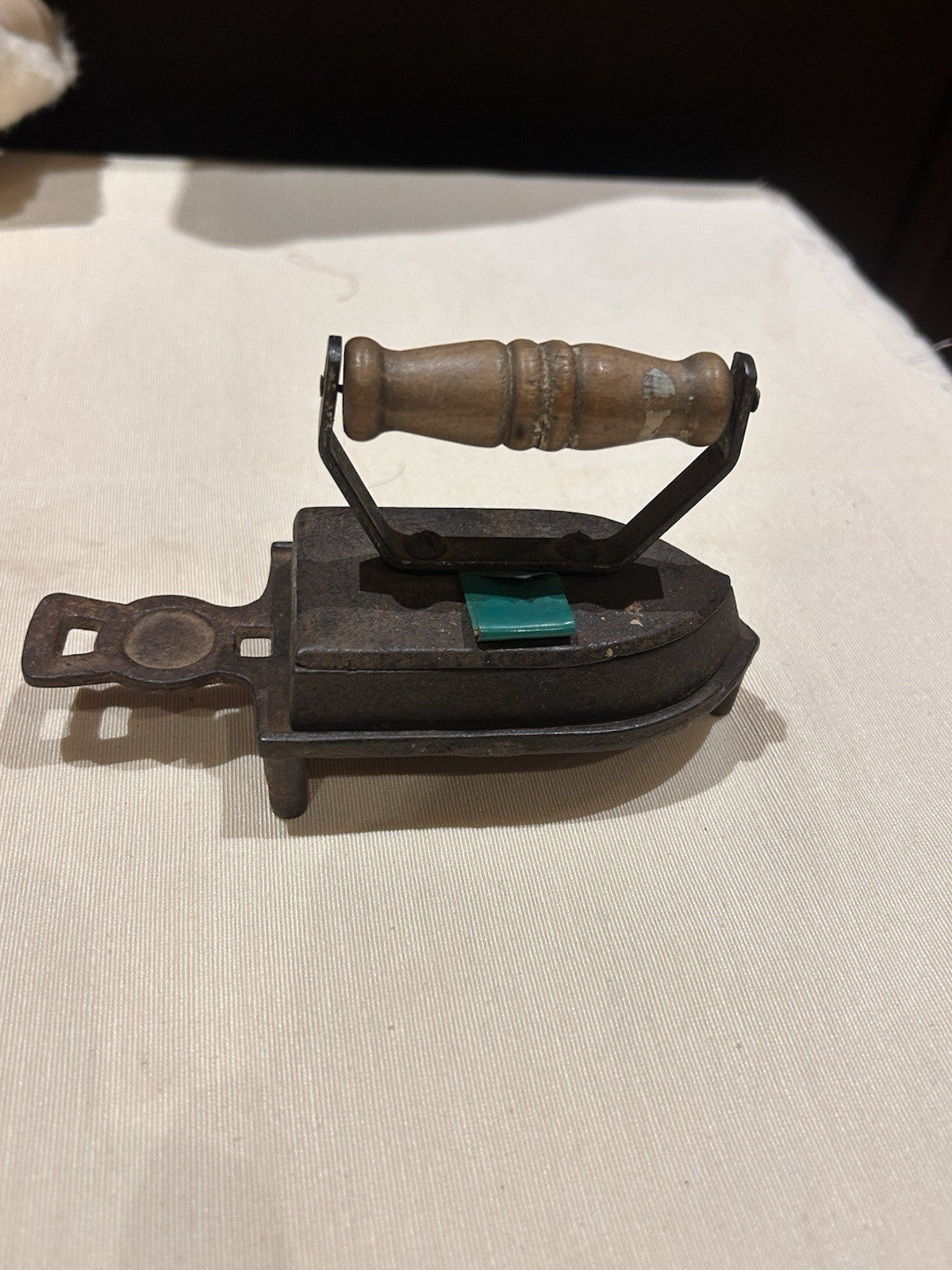 Antique Cast Iron Sad Iron w Stand MA Mark Wooden Handle Not a Toy c1900