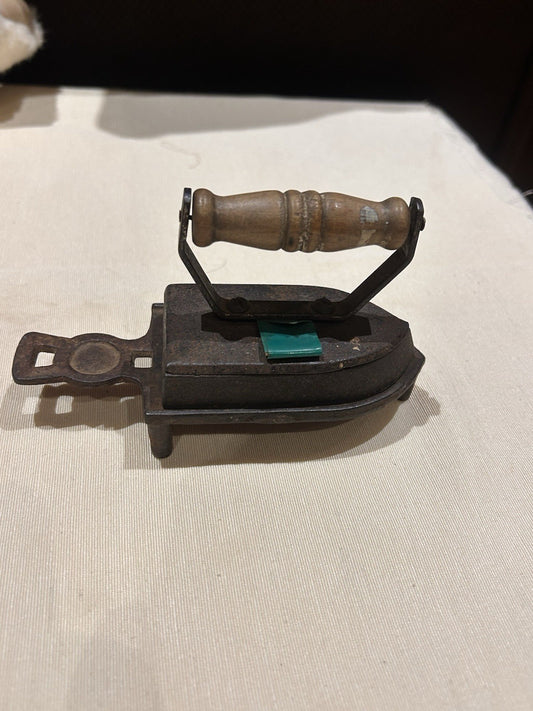 Antique Cast Iron Sad Iron w Stand MA Mark Wooden Handle Not a Toy c1900
