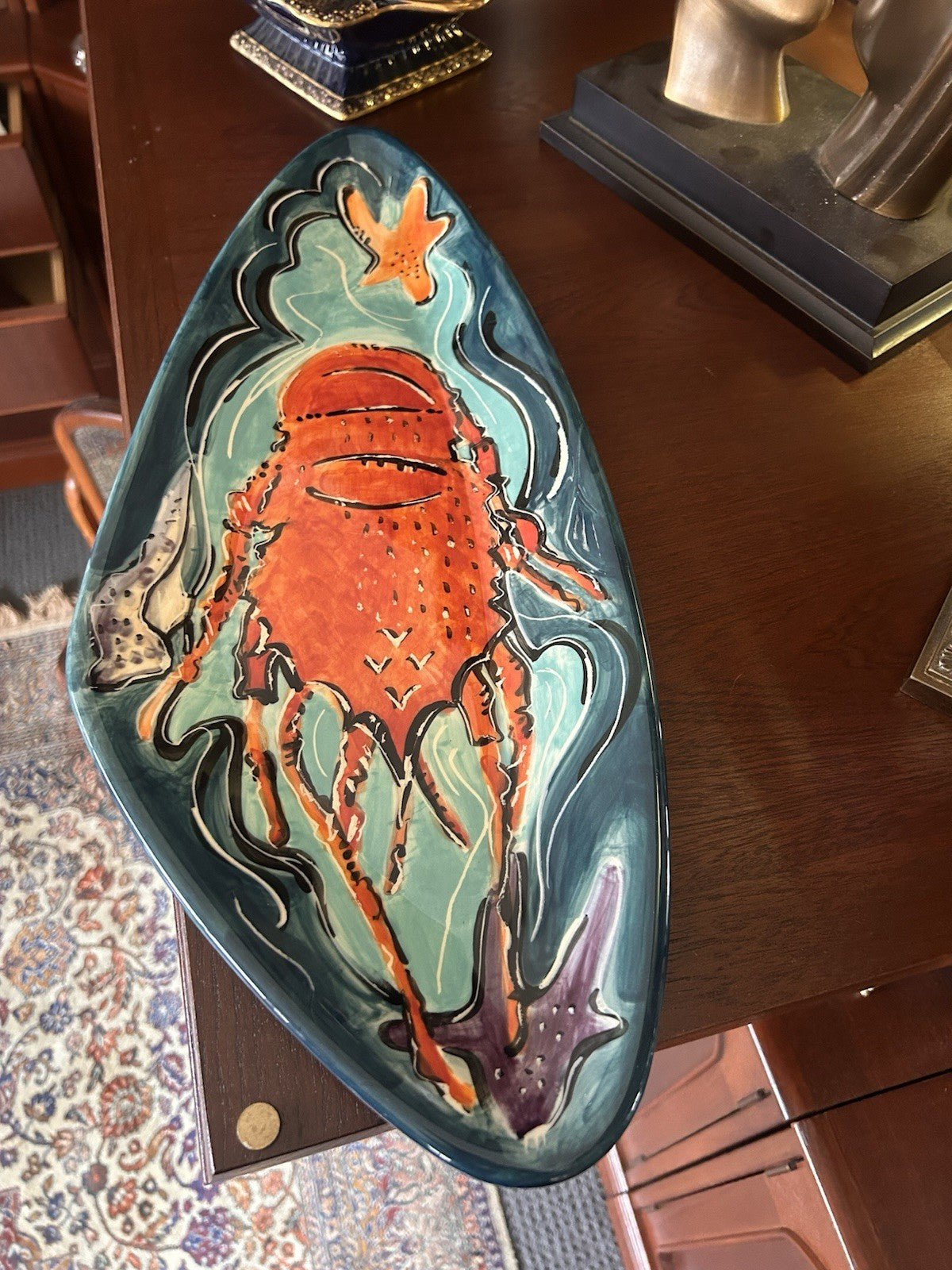 Signed Australian Studio Pottery Lobster Dish 50cm Hand Painted 