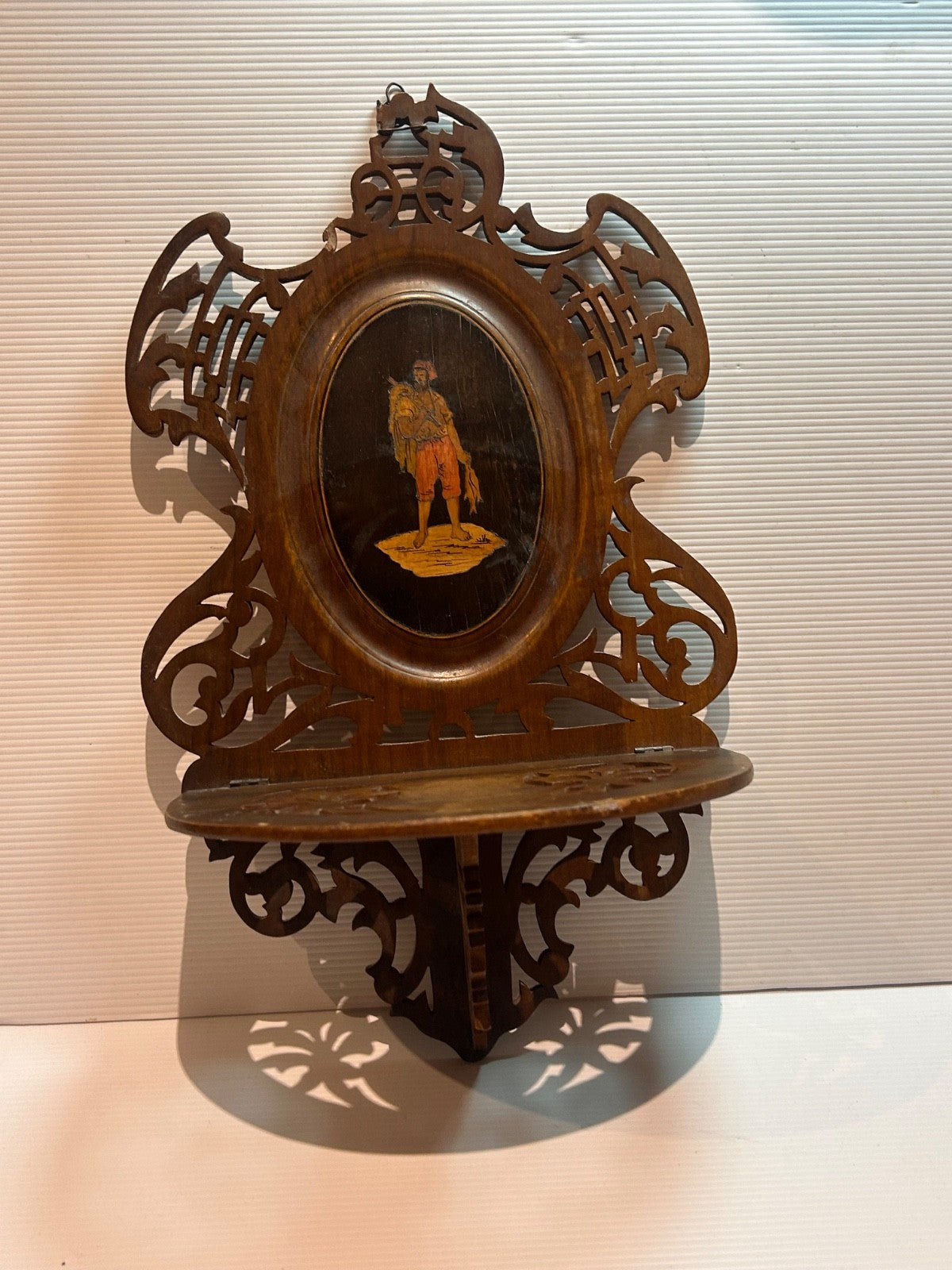 Antique Victorian Fretwork Wall Shelf with Painted Figure c.1890s