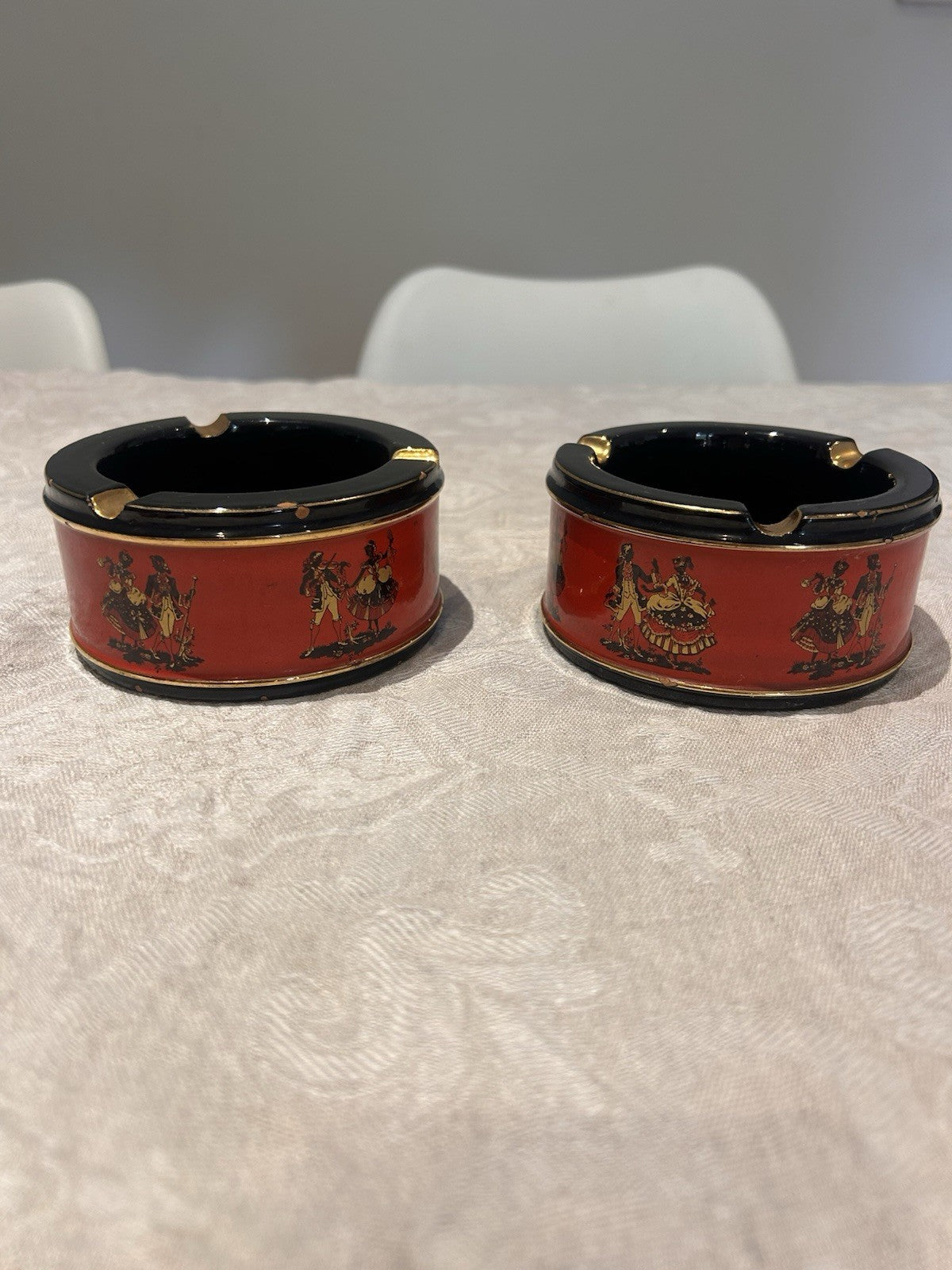 Vintage Italian Ceramiche Fiorentine Ashtrays Pair Red Black Gold c1950s 