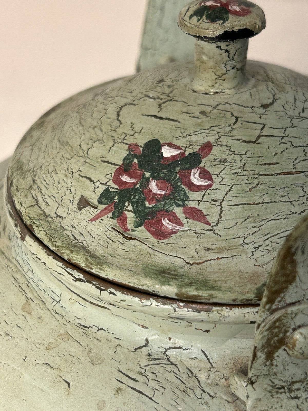 Vintage Hand-Painted Toleware Teapot & Coal Scuttle Set – Green Floral Metal