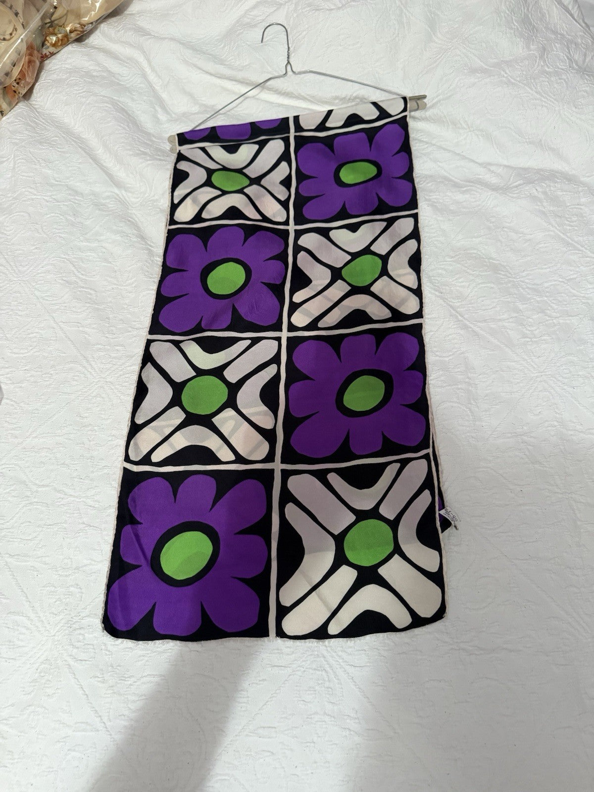 Vintage Pierre Cardin Paris Long Silk Scarf 1970s Mod Floral Purple Green Retro