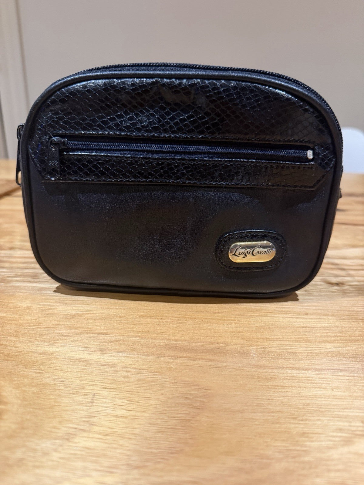 Vintage Luigi Cavalli Black Leather Crossbody Bag Snakeskin Style 1980s 90s