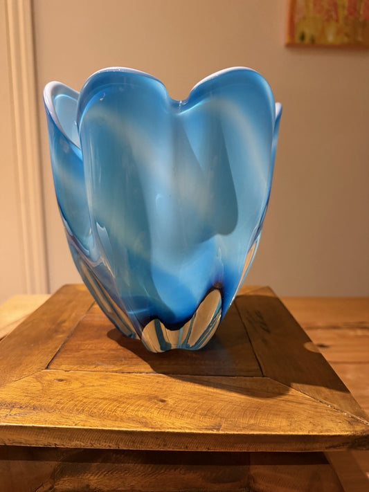 Czech Chribska Blue Cased Art Glass Vase Mid Century 19cm Organic Form